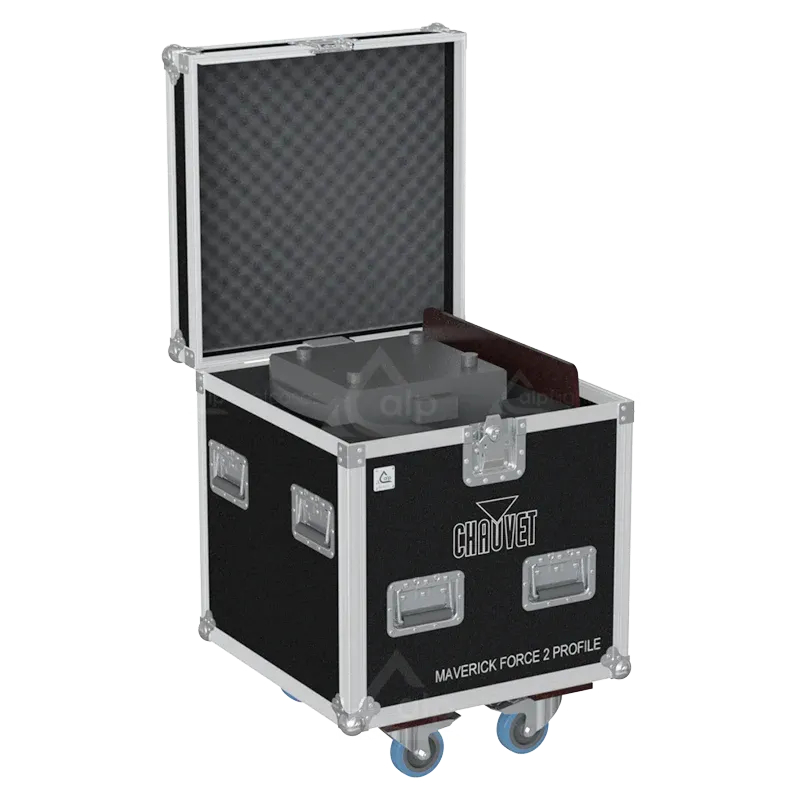 Open ALP Flight Case LMH1P016R with the CHAUVET Maverick Force 2 Profile moving head positioned inside.