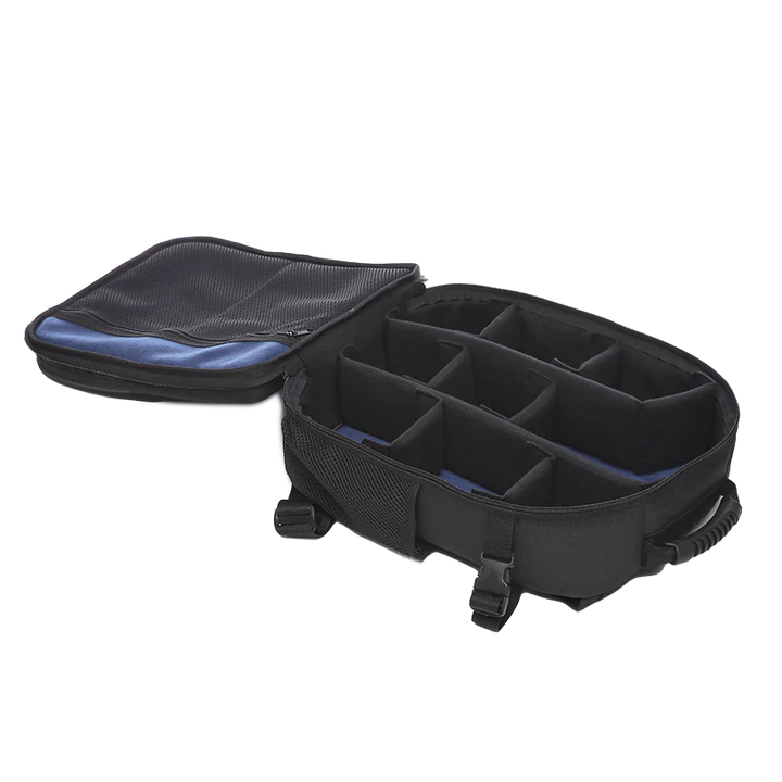 Open empty view of the ALP Custom Camera Bag showing blue velvet interior and adjustable divider layout