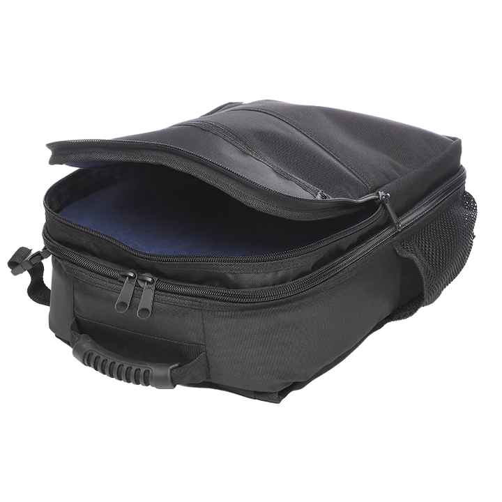 Open empty view of the ALP Custom Camera Bag showing blue velvet interior and adjustable divider layout