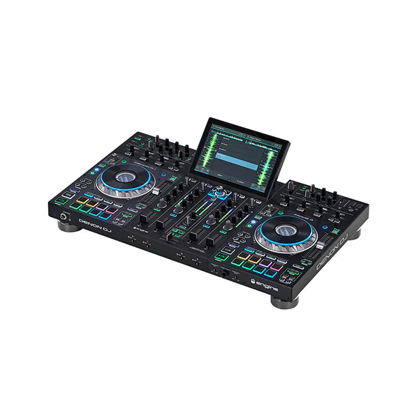Standalone view showing a Denon DJ Prime 4 Controller placed next to the protective bag for scale reference