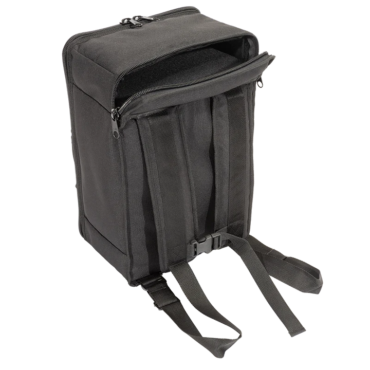 Rear view showing the clean Cordura construction and professional soft case profile and a open pocket