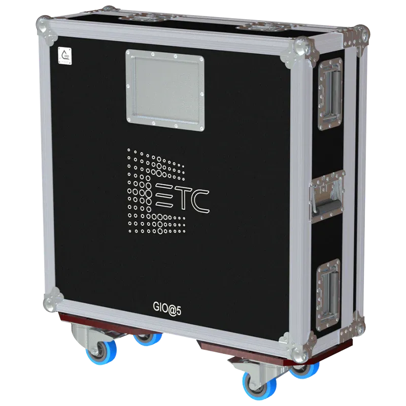 Front right view of the ALP Flight Case CLP079R for ETC Gio @5 with Ø100 wheels