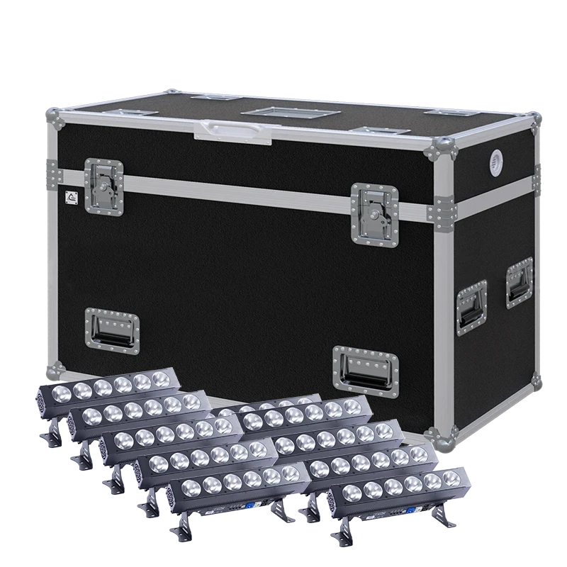 View of ten PRO LUX Matrix LED BAR 6 lighting fixtures with the custom ALP Flight Case in the background