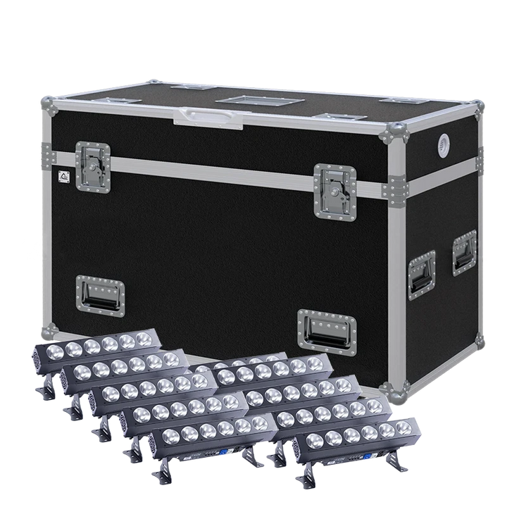 View of ten PRO LUX Matrix LED BAR 6 lighting fixtures with the custom ALP Flight Case in the background