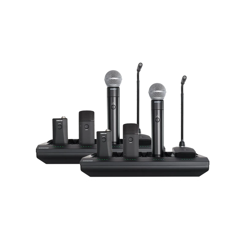 Standalone view of ten Shure Microflex Complete Wireless conference units