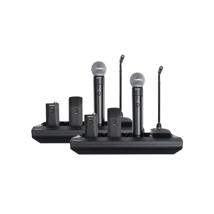 Standalone view of ten Shure Microflex Complete Wireless conference units