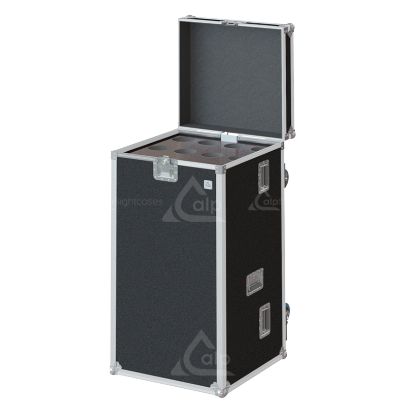 12 tall microphone stands safely secured in individual protective tubes inside the ALP touring flight case