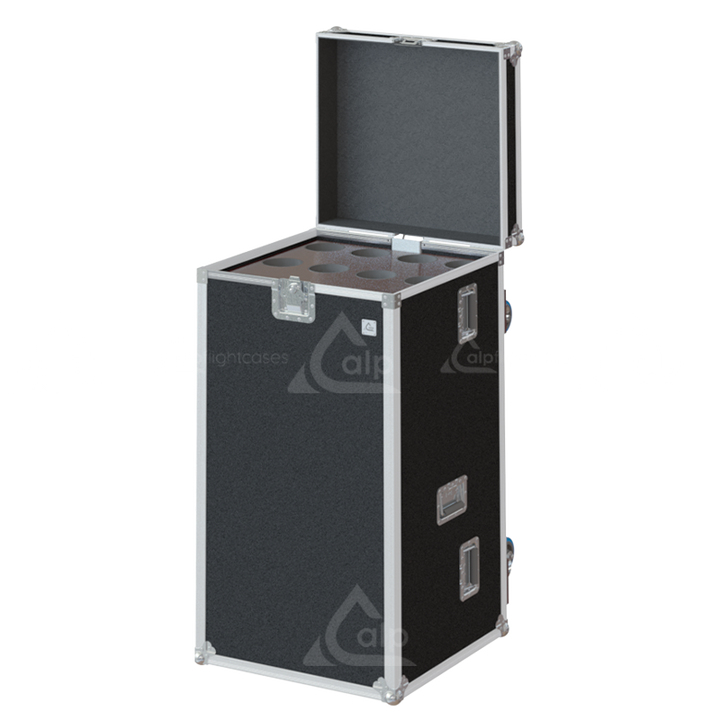12 tall microphone stands safely secured in individual protective tubes inside the ALP touring flight case