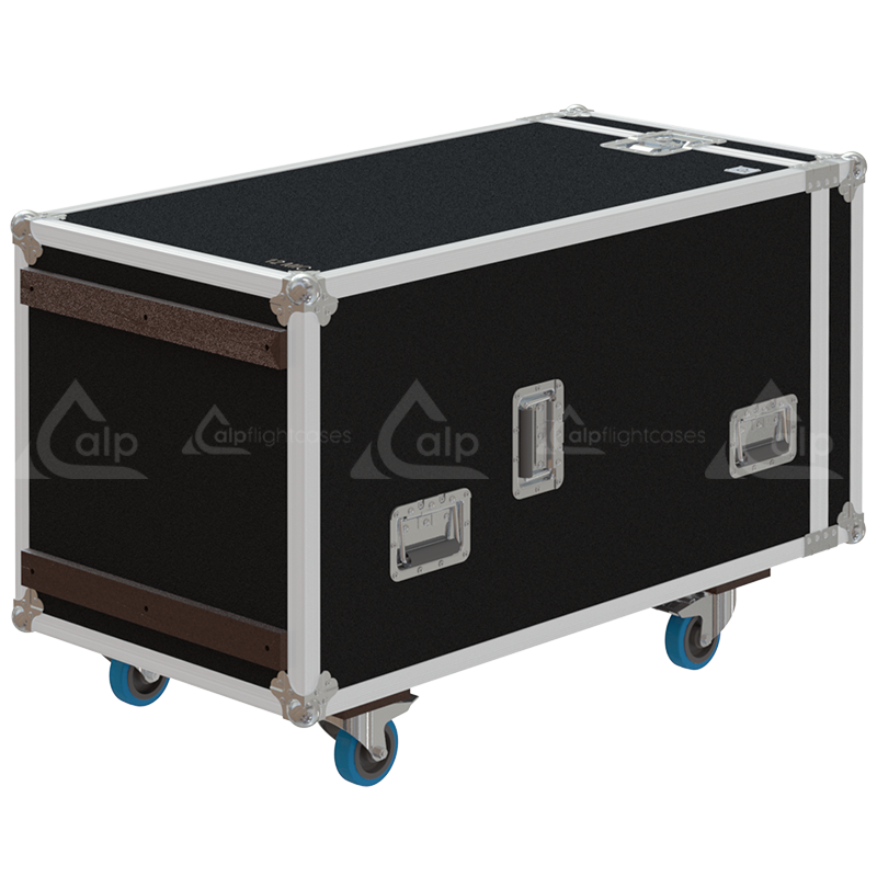 Rear view of the road case for 12 tall microphone stands showing 9mm birch plywood construction and castor dish
