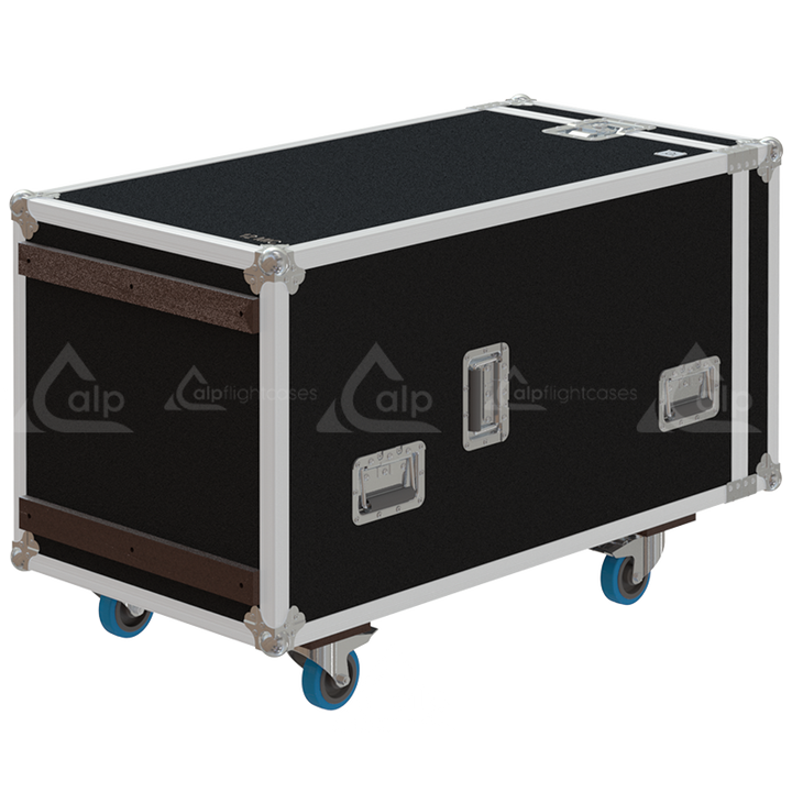 Rear view of the road case for 12 tall microphone stands showing 9mm birch plywood construction and castor dish