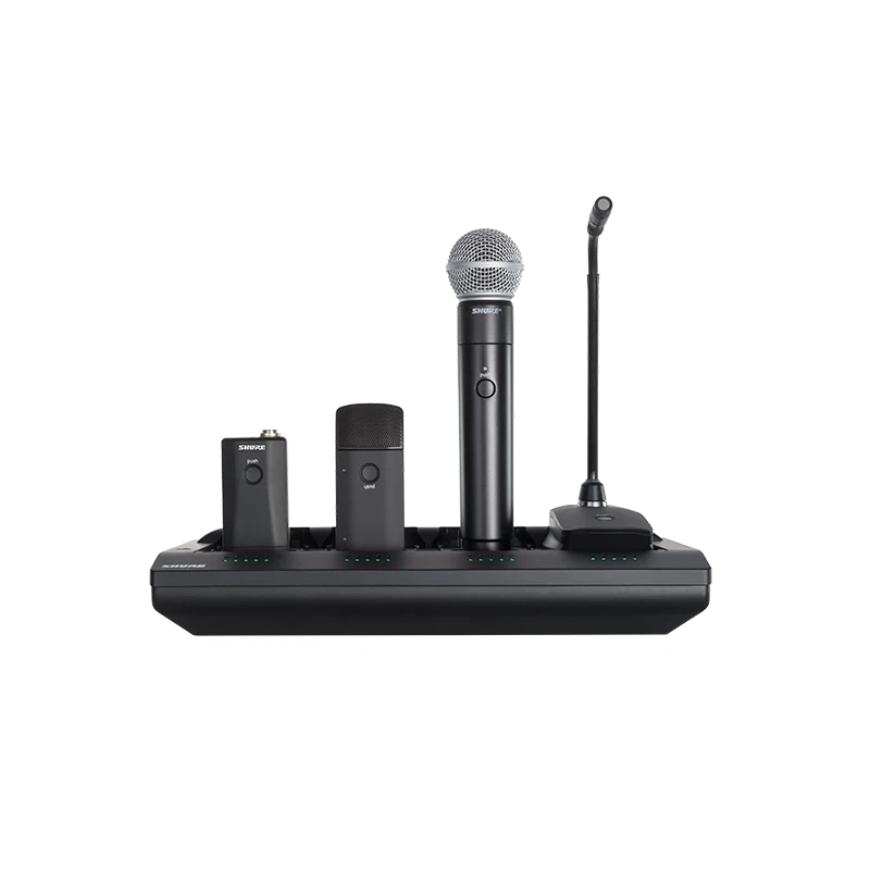Standalone view of twenty Shure Microflex Complete Wireless conference units