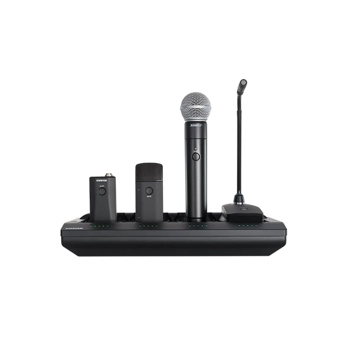 Standalone view of twenty Shure Microflex Complete Wireless conference units