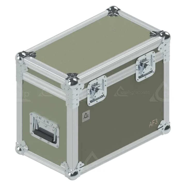 Front right view of the ALP Flight Case for 2x Antari AF-3 Special Effects Fan featuring reinforced touring hardware, butterfly catches and durable construction