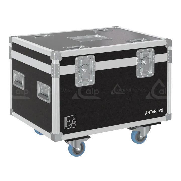 Front right view of the ALP Flight Case for 2x Antari M-9 featuring reinforced touring hardware, butterfly catches and durable construction