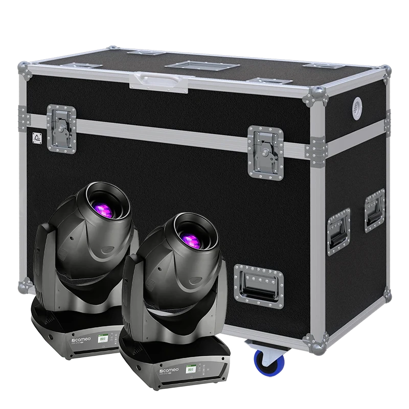 Standalone view of two Cameo Auro Spot 400 moving head fixtures