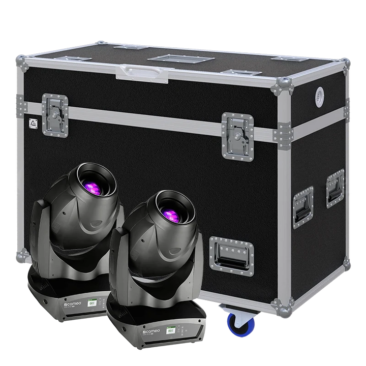 Standalone view of two Cameo Auro Spot 400 moving head fixtures