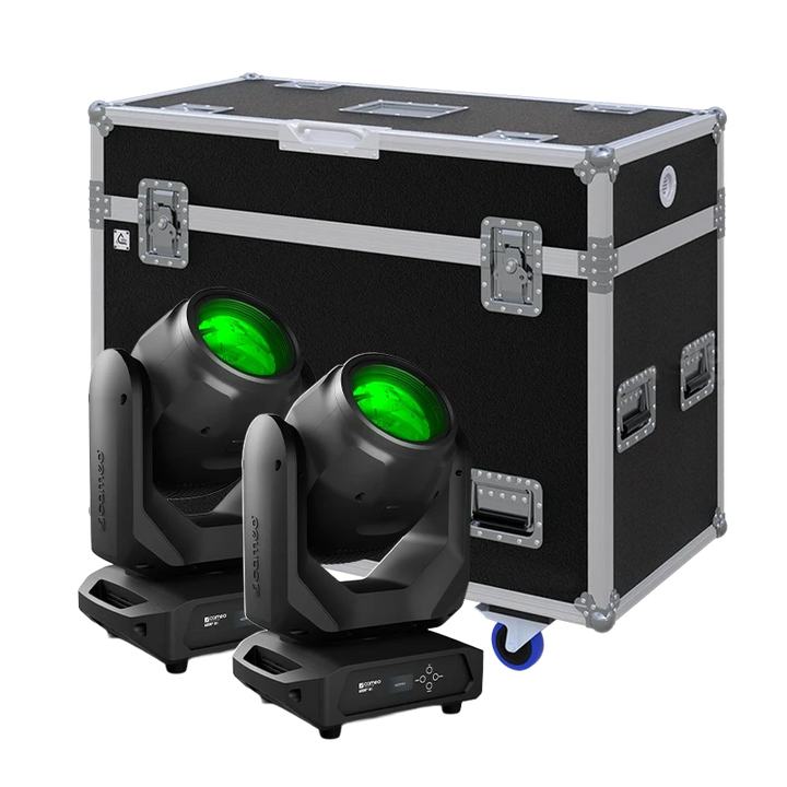 Standalone view of two Cameo AZOR B1 moving head fixtures