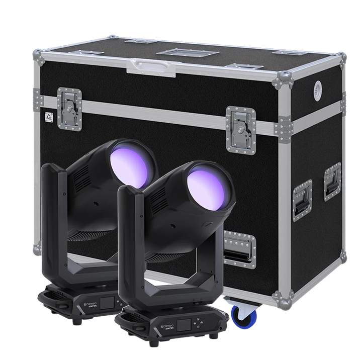 Standalone view of two Cameo AZOR SP2 Profile moving head fixtures