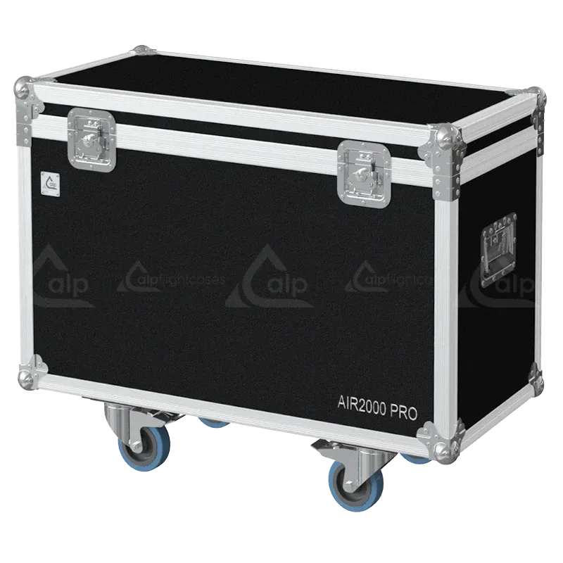 Front right view of the ALP Flight Case for 2x Cameo Instant Air 2000 Pro featuring reinforced touring hardware, butterfly catches and durable construction