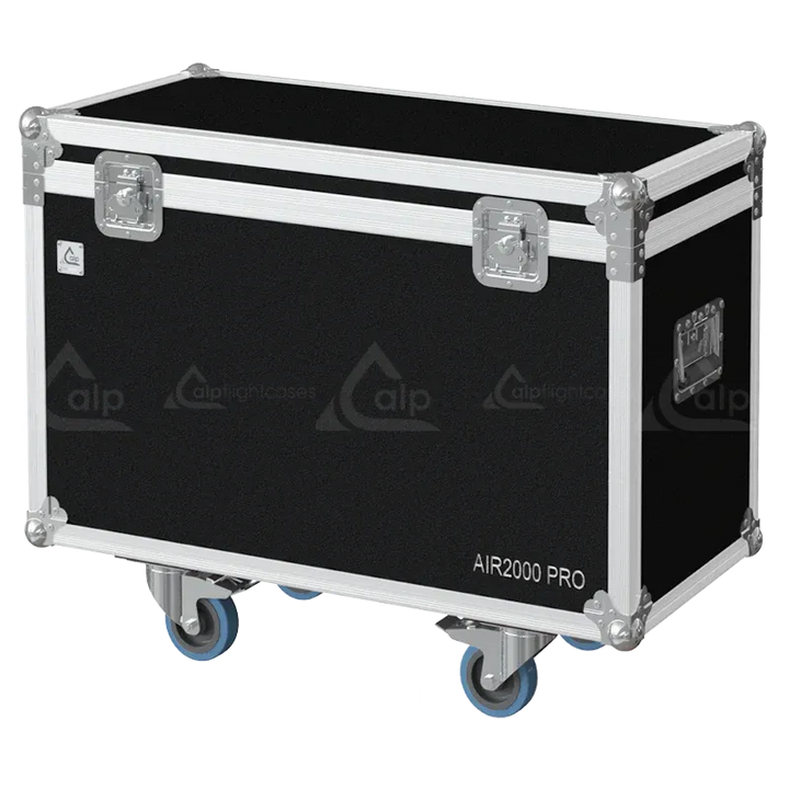 Front right view of the ALP Flight Case for 2x Cameo Instant Air 2000 Pro featuring reinforced touring hardware, butterfly catches and durable construction