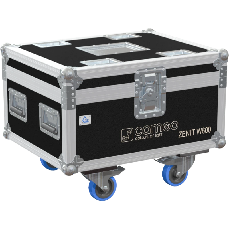 Front right view of the ALP Flight Case for 2x Cameo ZENIT W600 featuring reinforced touring hardware, butterfly catches and durable construction