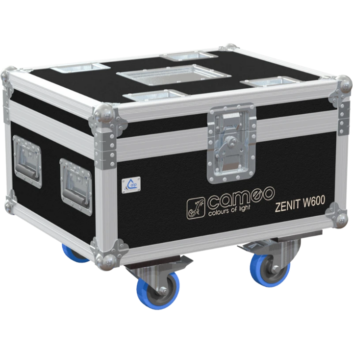 Front right view of the ALP Flight Case for 2x Cameo ZENIT W600 featuring reinforced touring hardware, butterfly catches and durable construction