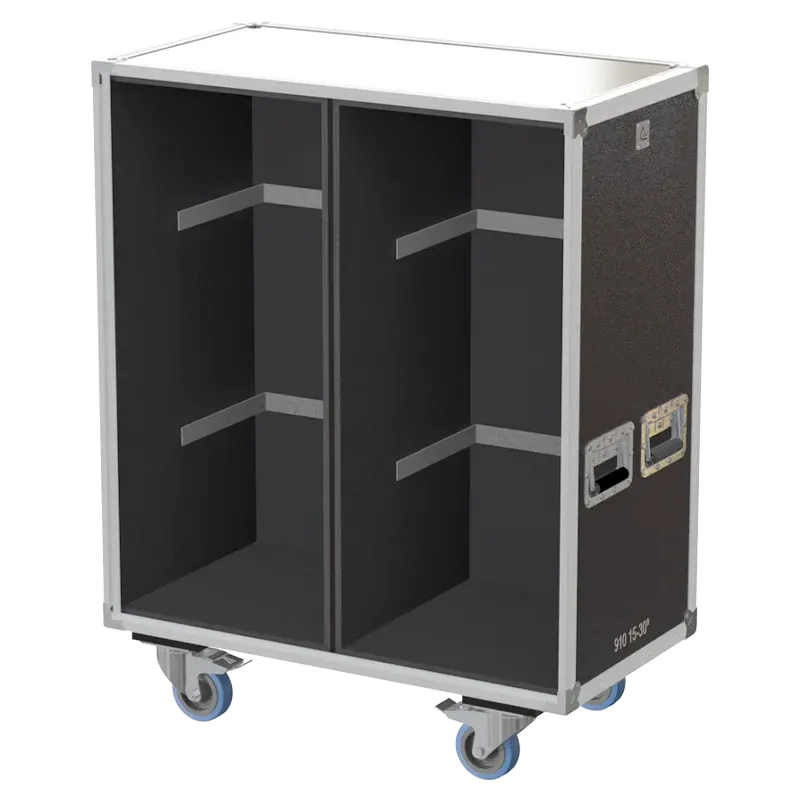 Front right view of the ALP Flight Case for 2x Chauvet 910 15–30° Zoom Profile featuring reinforced touring hardware, butterfly catches and durable construction