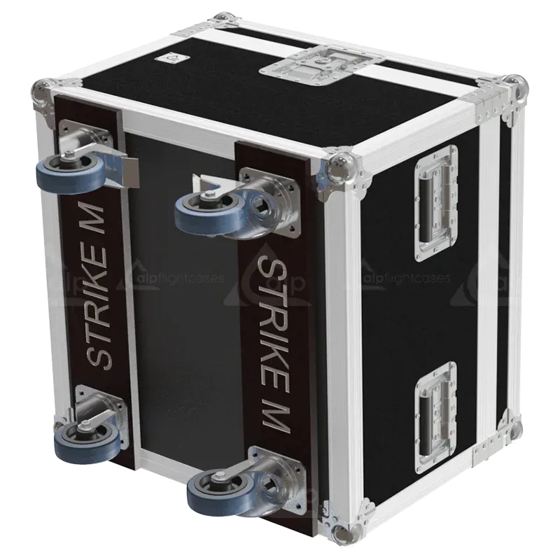 Bottom view of the ALP Flight Case for 2x Chauvet COLOR STRIKE M showing 4 Ø100 wheels, including 2 with brake