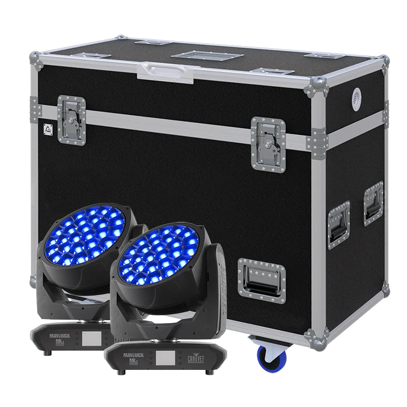 View of two Chauvet Maverick MK3 WASH moving head fixtures with the custom ALP Flight Case in the background
