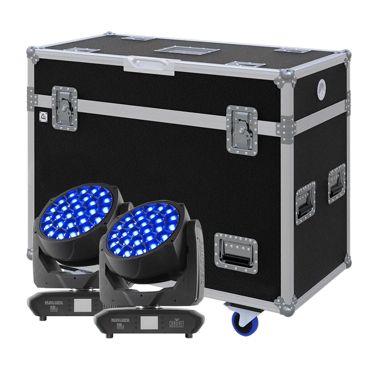 View of two Chauvet Maverick MK3 WASH moving head fixtures with the custom ALP Flight Case in the background