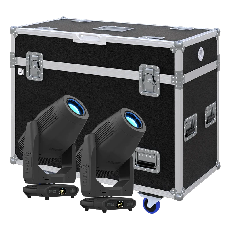 View of two Chauvet Maverick Silens 2X Profile moving head fixtures with the custom ALP Flight Case in the background