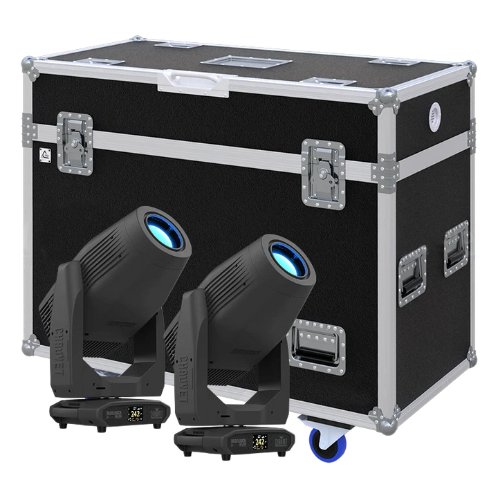 View of two Chauvet Maverick Silens 2X Profile moving head fixtures with the custom ALP Flight Case in the background