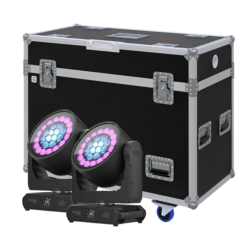 View of two Chauvet Maverick Storm 2 BeamWash moving head fixtures with the custom ALP Flight Case in the background