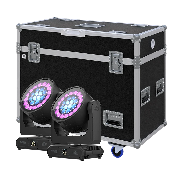 View of two Chauvet Maverick Storm 2 BeamWash moving head fixtures with the custom ALP Flight Case in the background