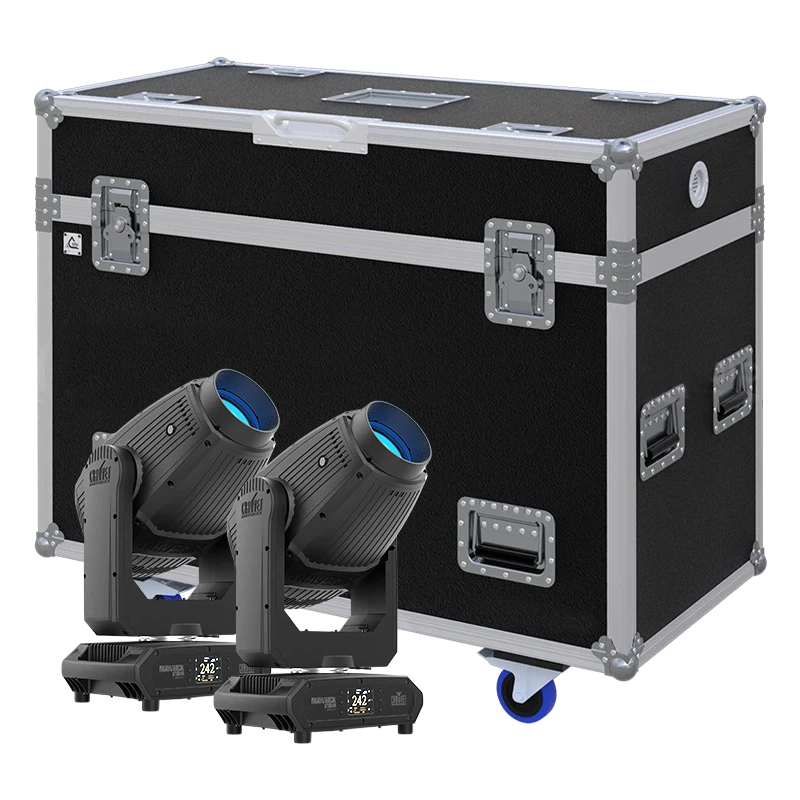 View of two Chauvet Maverick Storm 2 Profile moving head fixtures with the custom ALP Flight Case in the background