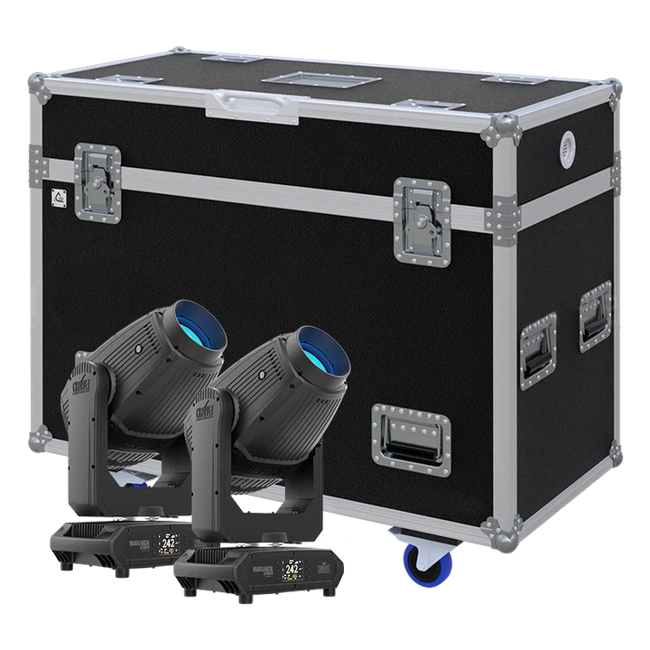 View of two Chauvet Maverick Storm 2 Profile moving head fixtures with the custom ALP Flight Case in the background