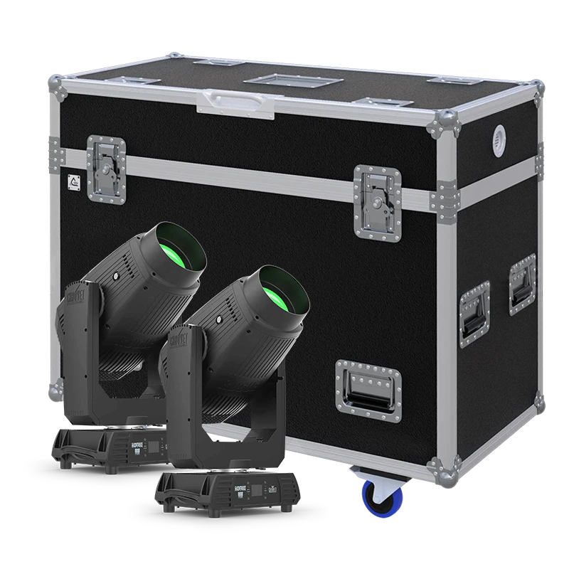 View of two Chauvet Rogue Outcast 2 Hybrid moving head fixtures with the custom ALP Flight Case in the background