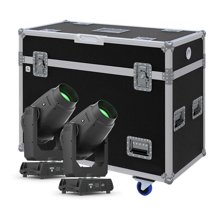 View of two Chauvet Rogue Outcast 2 Hybrid moving head fixtures with the custom ALP Flight Case in the background