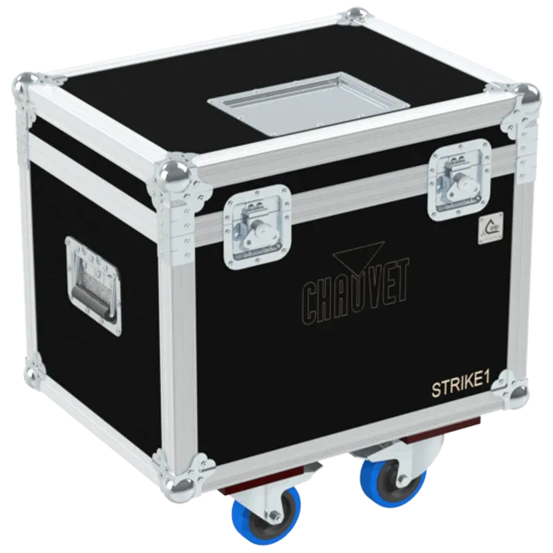 Front right view of the ALP Flight Case for 2x Chauvet STRIKE 1 featuring reinforced touring hardware, butterfly catches and durable construction