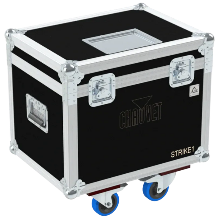Front right view of the ALP Flight Case for 2x Chauvet STRIKE 1 featuring reinforced touring hardware, butterfly catches and durable construction