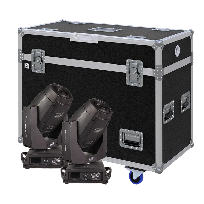 View of two Clay Paky Alpha 300/700/HPE moving head fixtures with the custom ALP Flight Case in the background