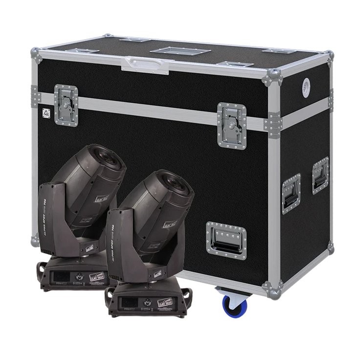 View of two Clay Paky Alpha 300/700/HPE moving head fixtures with the custom ALP Flight Case in the background