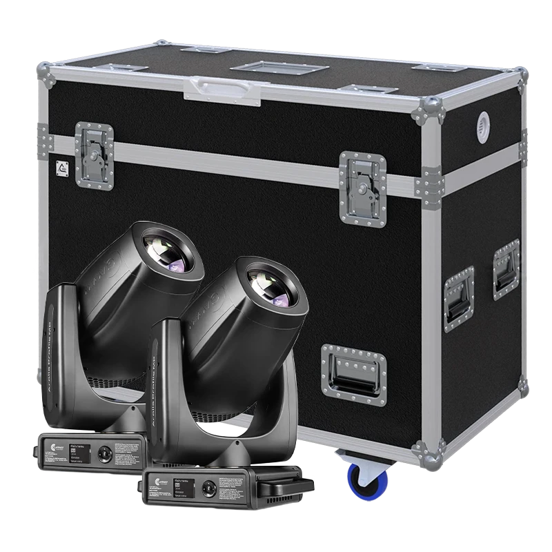 View of two Clay Paky Arolla Profile MP moving head fixtures with the custom ALP Flight Case in the background
