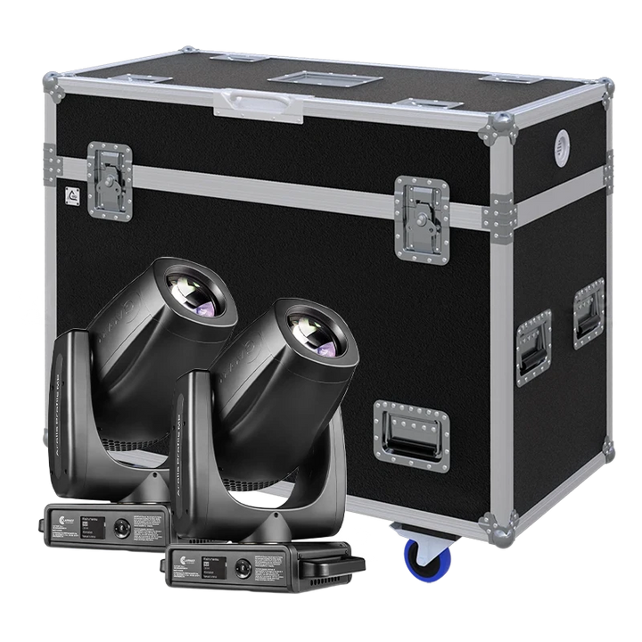 View of two Clay Paky Arolla Profile MP moving head fixtures with the custom ALP Flight Case in the background