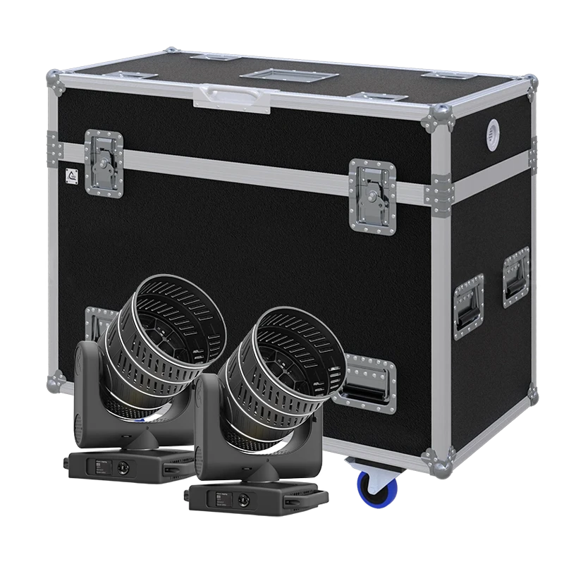 View of two Clay Paky Midi-B Fx moving head fixtures with the custom ALP Flight Case in the background