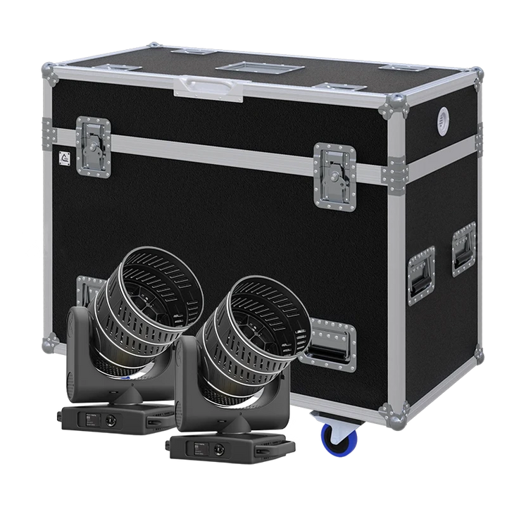 View of two Clay Paky Midi-B Fx moving head fixtures with the custom ALP Flight Case in the background