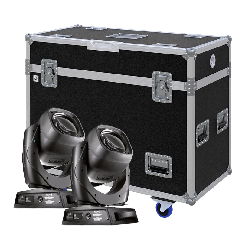 View of two Clay Paky Supersharpy / Mythos moving head fixtures with the custom ALP Flight Case in the background