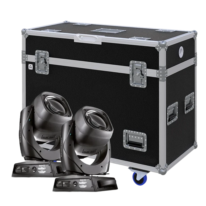 View of two Clay Paky Supersharpy / Mythos moving head fixtures with the custom ALP Flight Case in the background