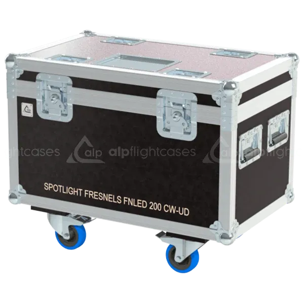 Front right view of the ALP Flight Case for 2x Desisti Spotlight Fresnel SFN LED 200 CW-UD featuring reinforced touring hardware, butterfly catches and durable construction