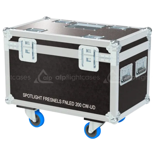 Rear view of the ALP Flight Case for 2x Desisti Spotlight Fresnel SFN LED 200 CW-UD showing reinforced protective structure and touring hardware